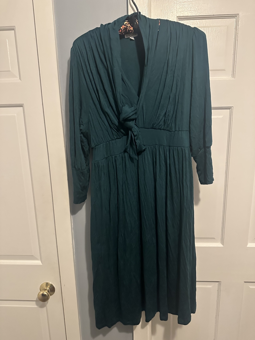 Kiyonna Teal Long-Sleeve Tie Neck Midi Dress NWT